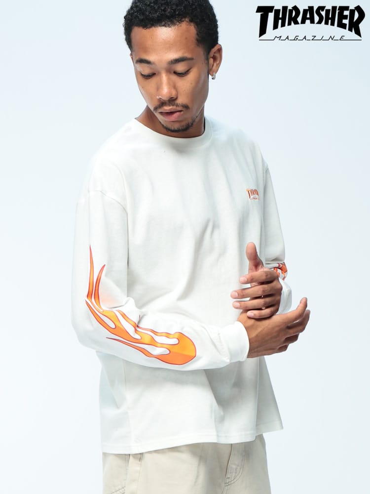 THRASHER (スラッシャー) フレイム柄 長袖 Tシャツ 綿100％ ロンT メンズ レディース ワンポイント 刺繍 袖プリント カットソー TH25SP09R