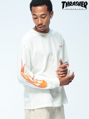 THRASHER (スラッシャー) フレイム柄 長袖 Tシャツ 綿100％ ロンT メンズ ユニセックス ワンポイント 刺繍 袖プリント カットソー TH25SP09R