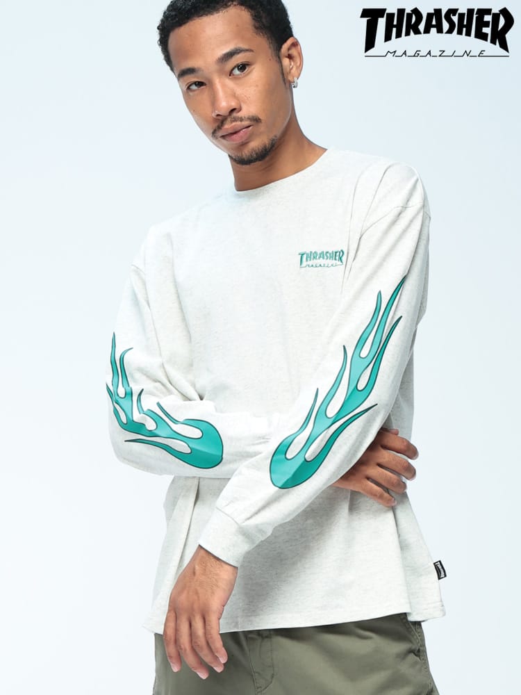 THRASHER (スラッシャー) フレイム柄 長袖 Tシャツ 綿100％ ロンT メンズ レディース ワンポイント 刺繍 袖プリント カットソー TH25SP09R