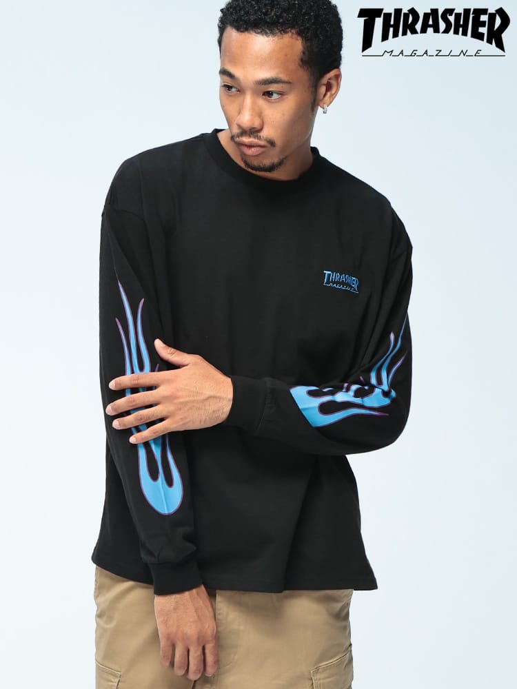 THRASHER (スラッシャー) フレイム柄 長袖 Tシャツ 綿100％ ロンT メンズ レディース ワンポイント 刺繍 袖プリント カットソー TH25SP09R