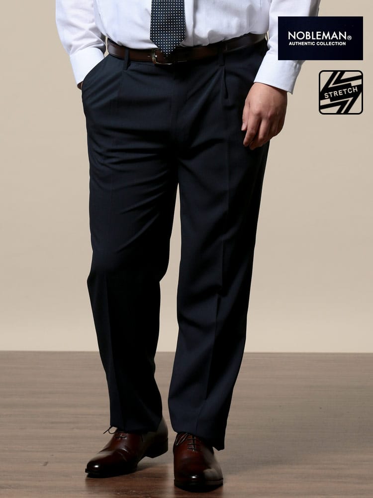 大きいサイズ メンズ NOBLEMAN (ノーブルマン) 春夏対応 ストレッチ マイクロチェック ウエストアジャスター ワンタック スラックス