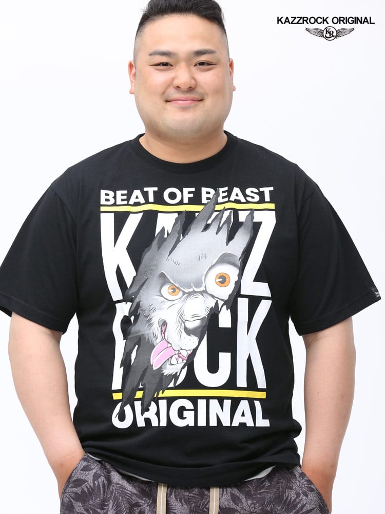 大きいサイズ メンズ KAZZROCK ORIGINAL (カズロックオリジナル) ウルフプリント クルーネック 半袖 Tシャツ