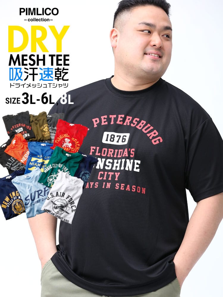 WEB限定 大きいサイズ メンズ PIMLICO (ピムリコ) DRYメッシュ プリント クルーネック 半袖 Tシャツ