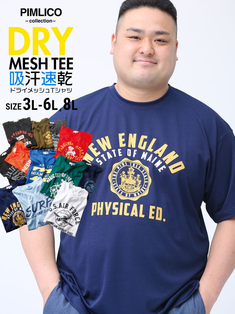 WEB限定 大きいサイズ メンズ PIMLICO (ピムリコ) DRYメッシュ プリント クルーネック 半袖 Tシャツ