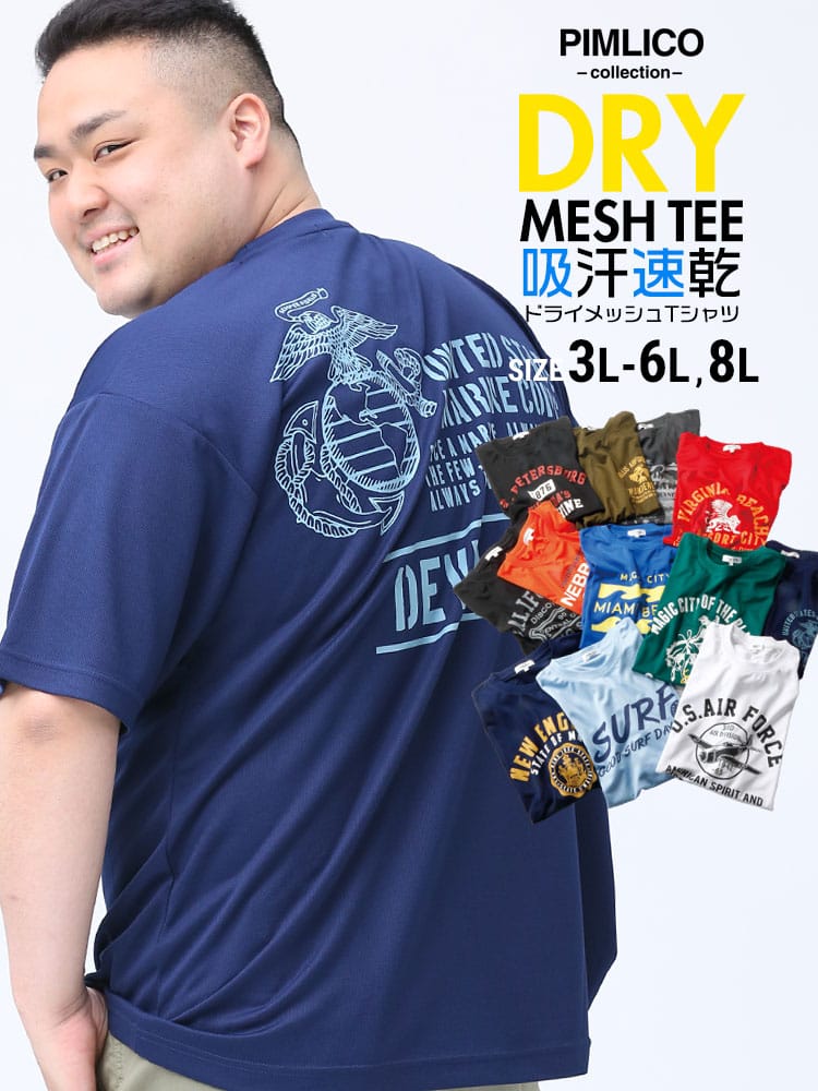 WEB限定 大きいサイズ メンズ PIMLICO (ピムリコ) DRYメッシュ プリント クルーネック 半袖 Tシャツ