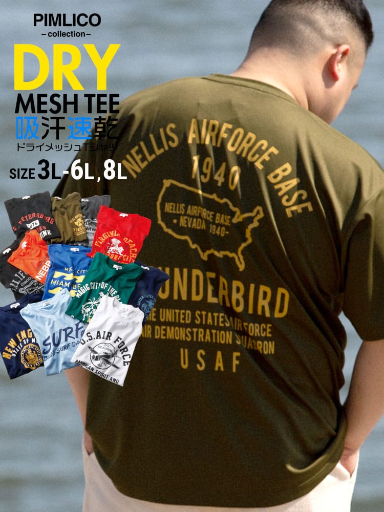 WEB限定 大きいサイズ メンズ PIMLICO (ピムリコ) DRYメッシュ プリント クルーネック 半袖 Tシャツ