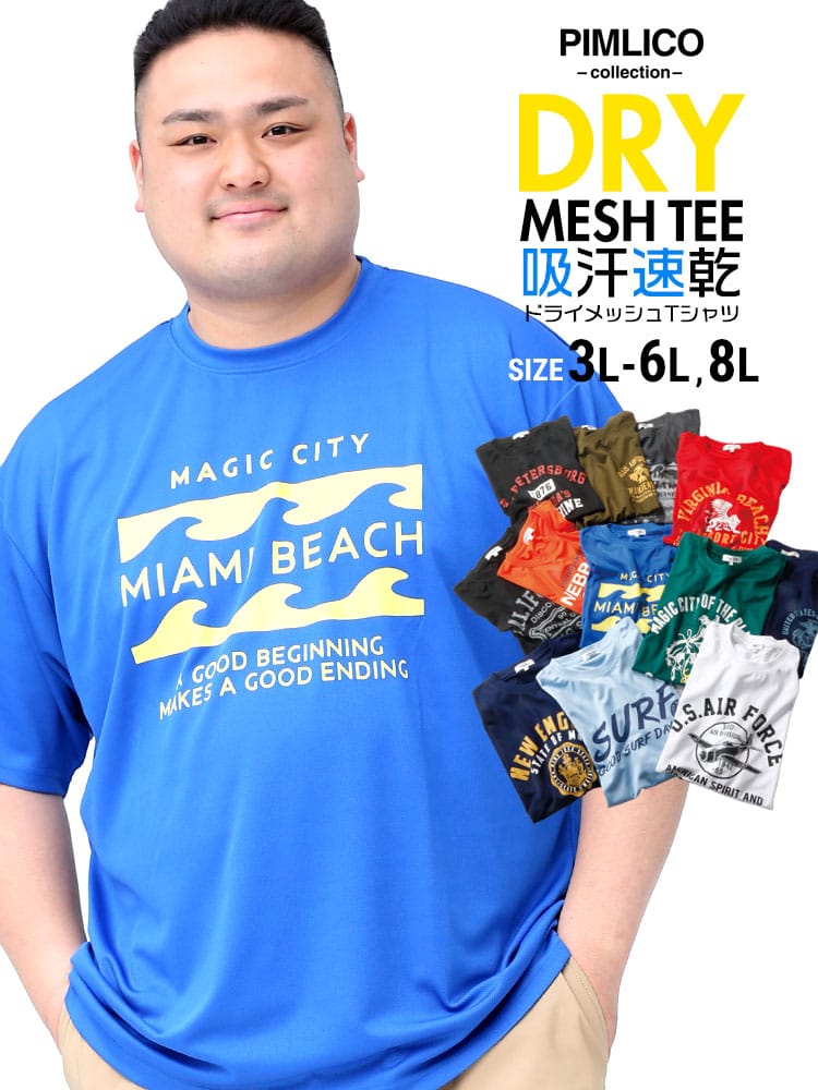 WEB限定 大きいサイズ メンズ PIMLICO (ピムリコ) DRYメッシュ プリント クルーネック 半袖 Tシャツ