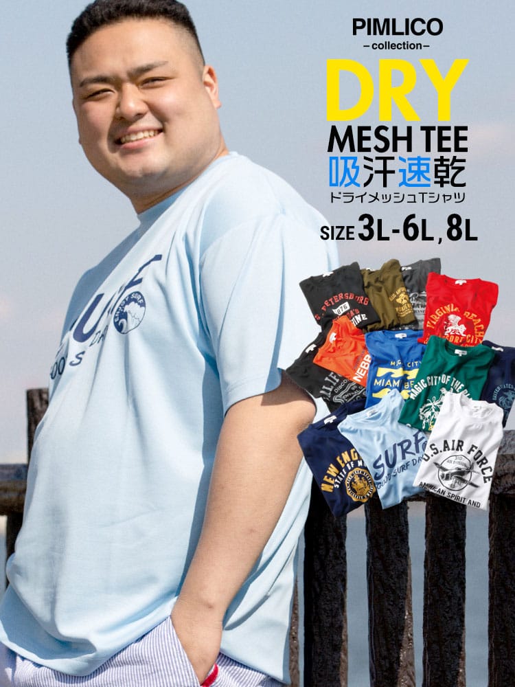 WEB限定 大きいサイズ メンズ PIMLICO (ピムリコ) DRYメッシュ プリント クルーネック 半袖 Tシャツ