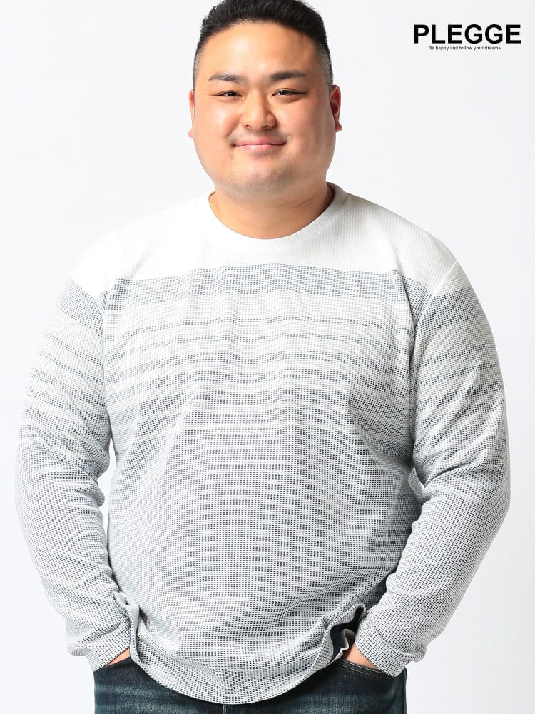 大きいサイズ メンズ PLEGGI (プレッジ) ジャガード織り パネルボーダー柄 クルーネック 長袖 Tシャツ ロンT