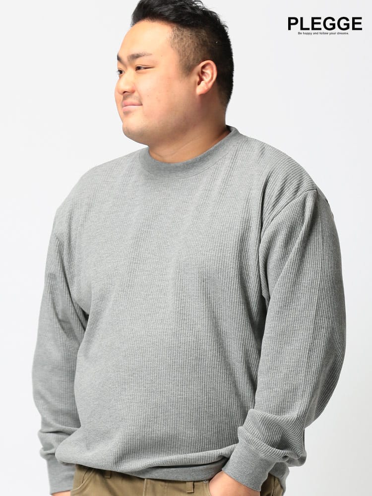大きいサイズ メンズ PLEGGI (プレッジ) ワッフル 脇切り替え クルーネック 長袖 トレーナー