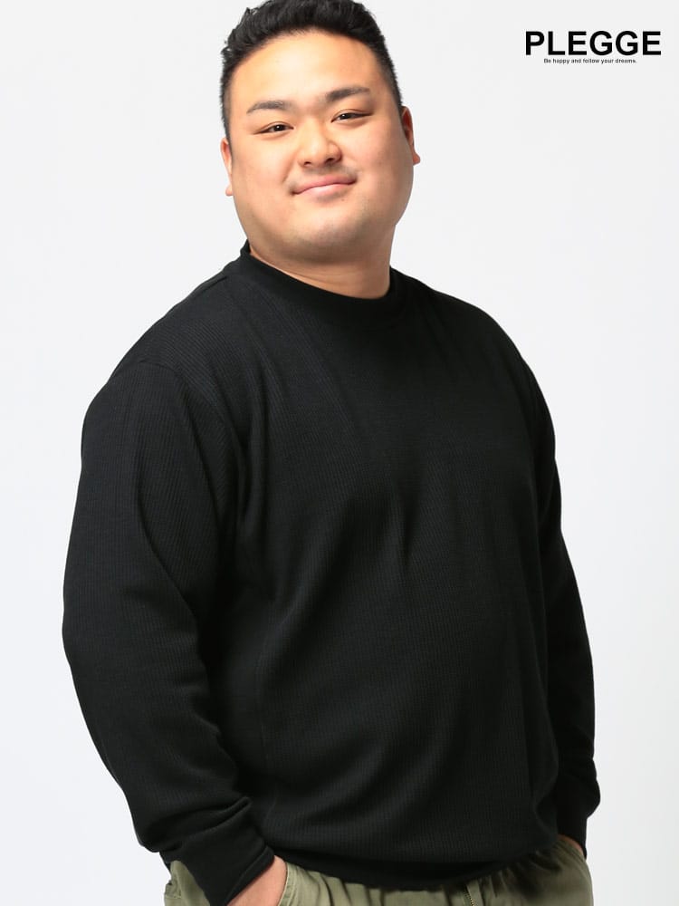 大きいサイズ メンズ PLEGGI (プレッジ) ワッフル 脇切り替え クルーネック 長袖 トレーナー