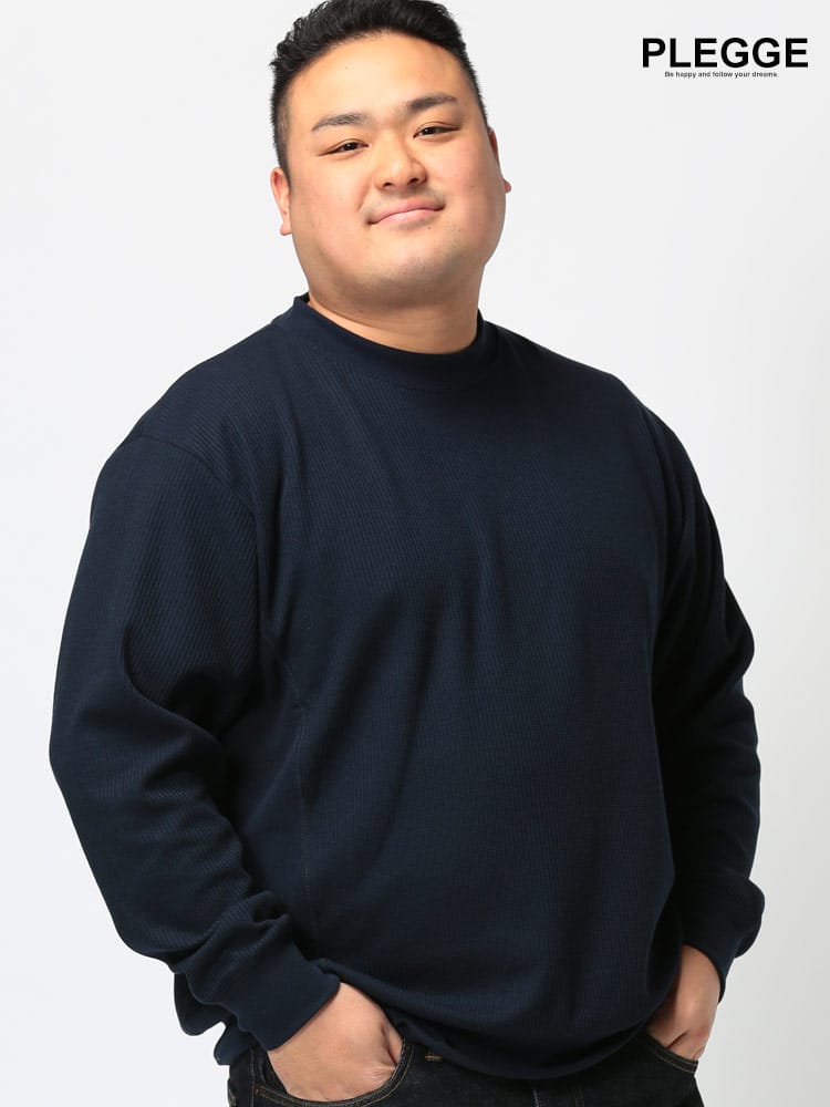 大きいサイズ メンズ PLEGGI (プレッジ) ワッフル 脇切り替え クルーネック 長袖 トレーナー