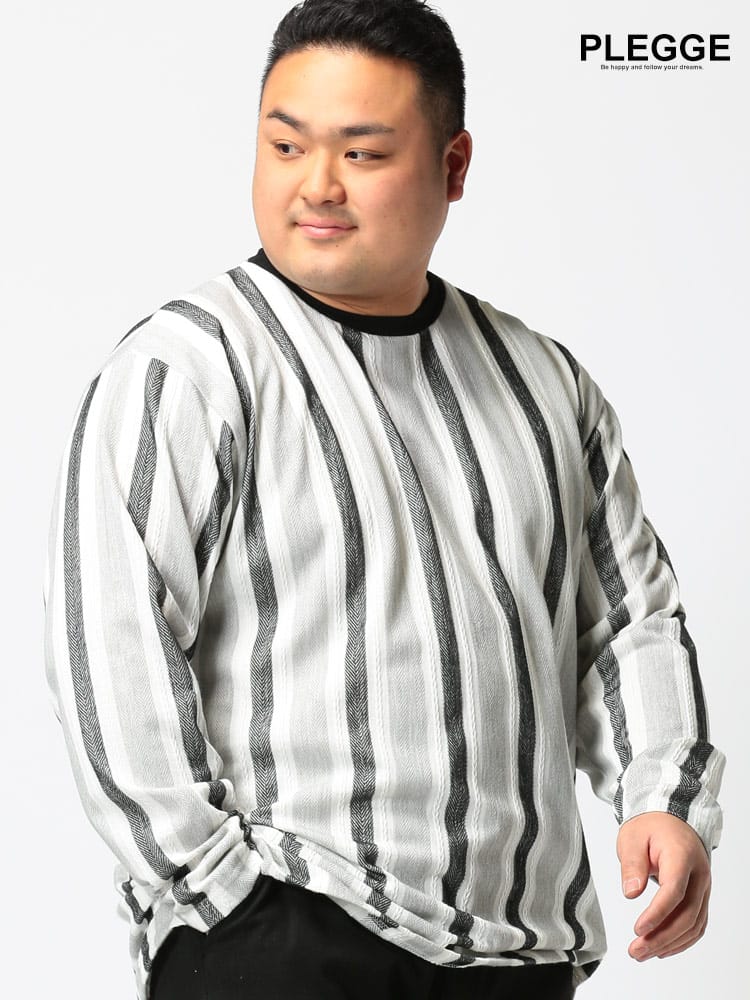 大きいサイズ メンズ PLEGGI (プレッジ) ヘリンボーン ストライプ クルーネック 長袖 Tシャツ ロンT