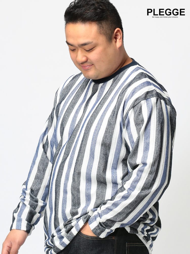 大きいサイズ メンズ PLEGGI (プレッジ) ヘリンボーン ストライプ クルーネック 長袖 Tシャツ ロンT