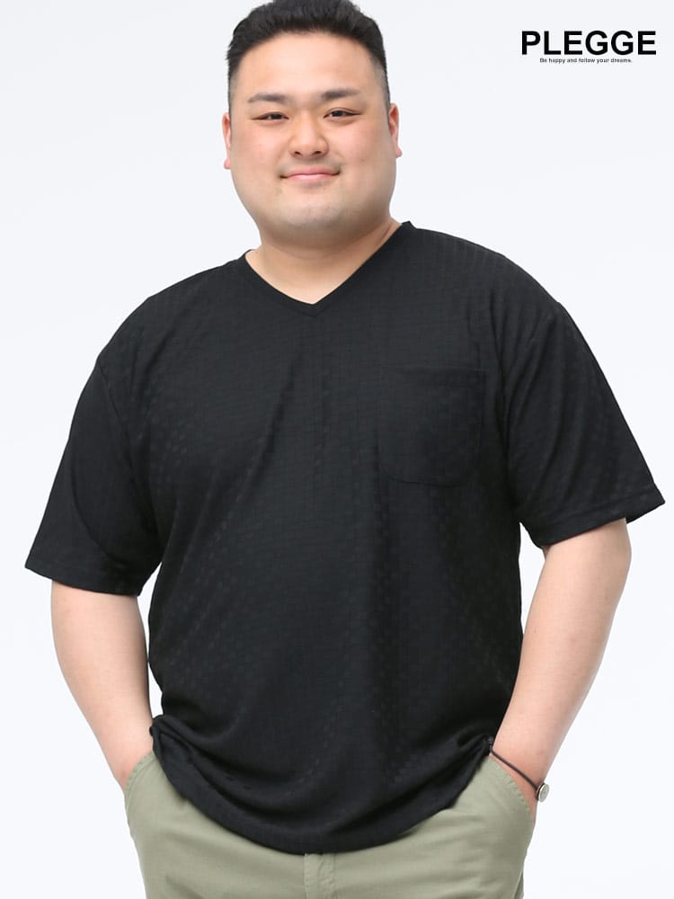 在庫処分 返品交換不可 大きいサイズ メンズ PLEGGI (プレッジ) ジャガード 小格子 Vネック ポケット付き 半袖 Tシャツ