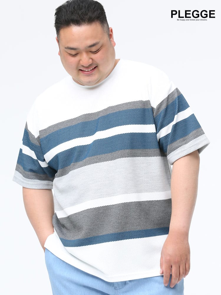 大きいサイズ メンズ PLEGGI (プレッジ) 抗菌防臭 ポップコーン編み パネルボーダー 半袖 Tシャツ