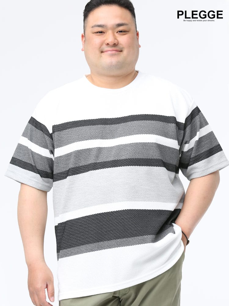 大きいサイズ メンズ PLEGGI (プレッジ) 抗菌防臭 ポップコーン編み パネルボーダー 半袖 Tシャツ