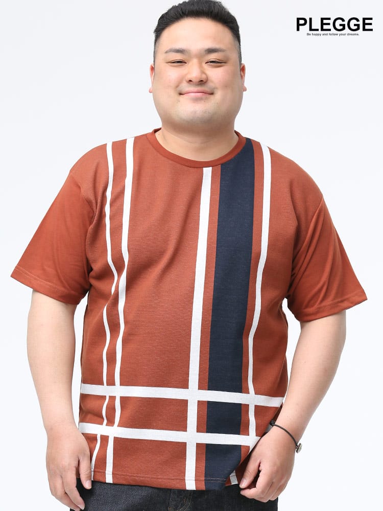 大きいサイズ メンズ PLEGGI (プレッジ) ジャガード チェック クルーネック 半袖 Tシャツ