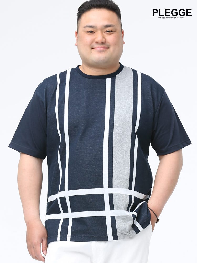 大きいサイズ メンズ PLEGGI (プレッジ) ジャガード チェック クルーネック 半袖 Tシャツ