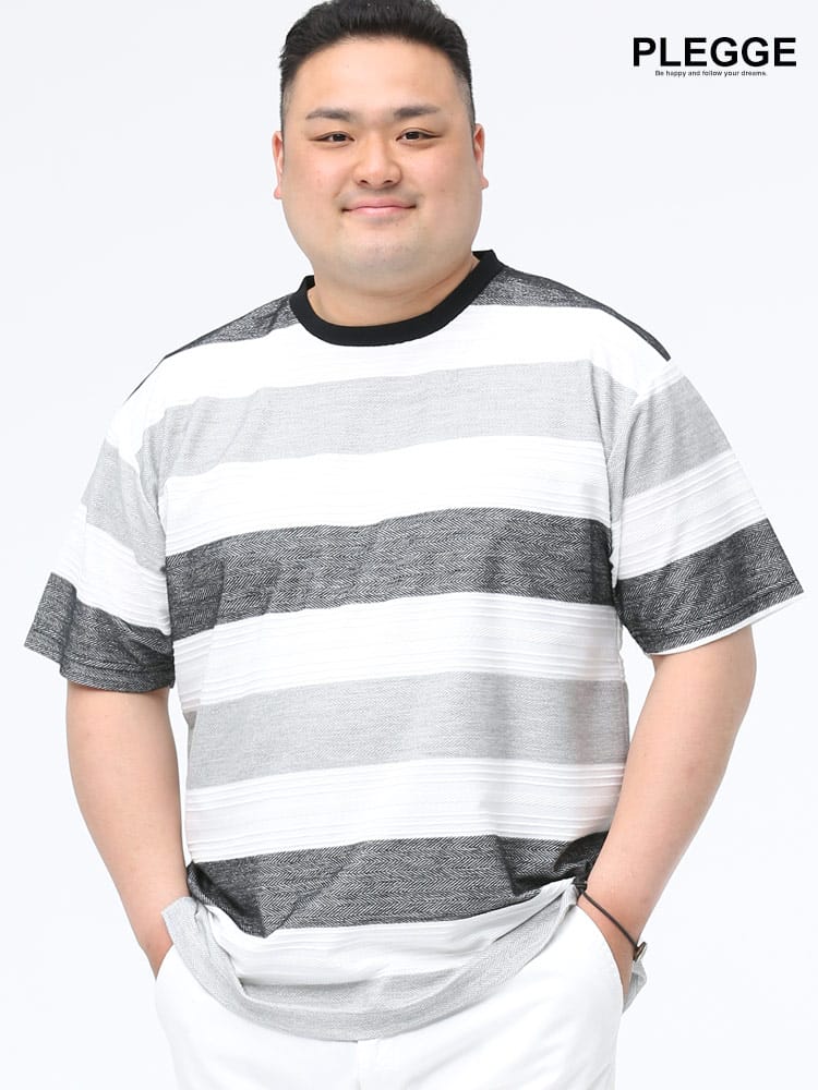 大きいサイズ メンズ PLEGGI (プレッジ) 抗菌防臭 ヘリンボン ボーダー クルーネック 半袖 Tシャツ