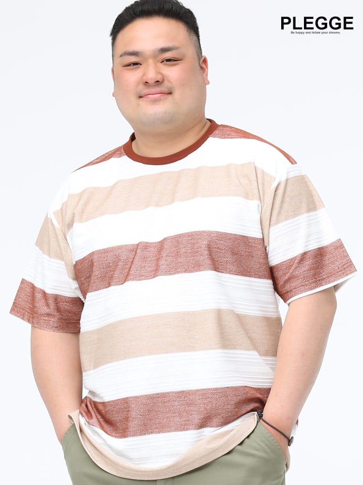 大きいサイズ メンズ PLEGGI (プレッジ) 抗菌防臭 ヘリンボン ボーダー クルーネック 半袖 Tシャツ