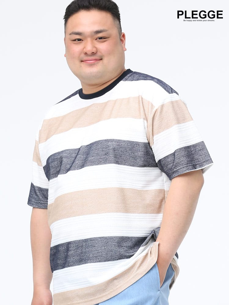 大きいサイズ メンズ PLEGGI (プレッジ) 抗菌防臭 ヘリンボン ボーダー クルーネック 半袖 Tシャツ