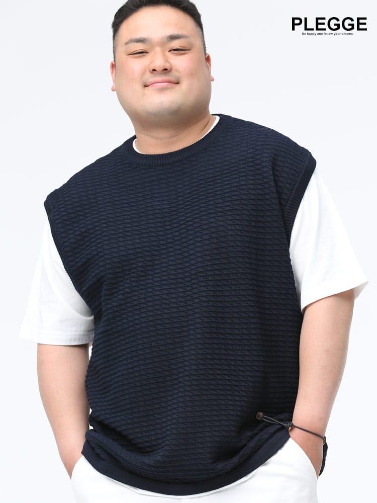 大きいサイズ メンズ PLEGGI (プレッジ) ジャガード クルーネック ベスト 半袖 Tシャツ アンサンブル