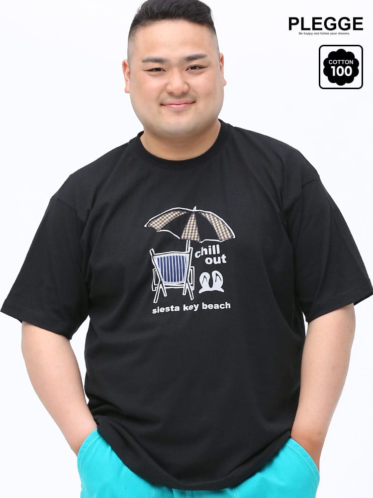 在庫処分 返品交換不可 大きいサイズ メンズ PLEGGI (プレッジ) 天竺 プリント×貼り付け パラソル クルーネック 半袖 Tシャツ
