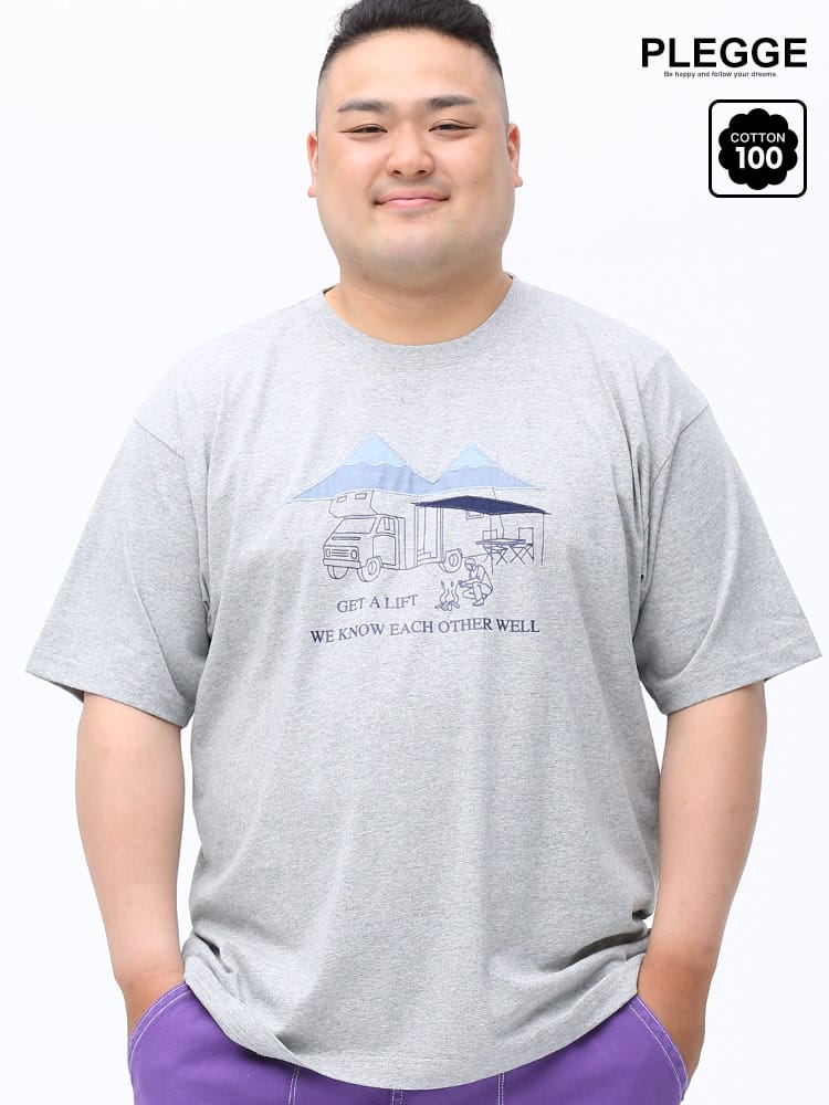 在庫処分 返品交換不可 大きいサイズ メンズ PLEGGI (プレッジ) 天竺 プリント×貼り付け キャンプ クルーネック 半袖 Tシャツ