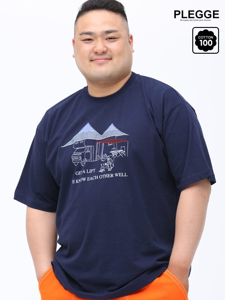 在庫処分 返品交換不可 大きいサイズ メンズ PLEGGI (プレッジ) 天竺 プリント×貼り付け キャンプ クルーネック 半袖 Tシャツ