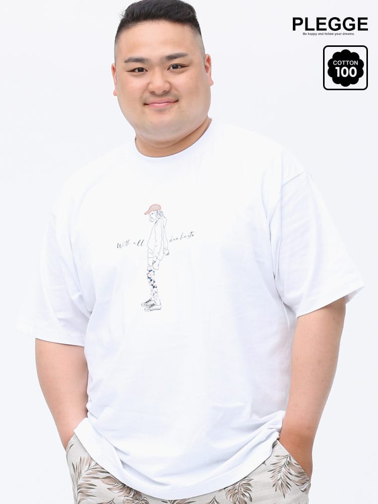 大きいサイズ メンズ PLEGGI (プレッジ) 天竺 プリント×貼り付け レディ クルーネック 半袖 Tシャツ