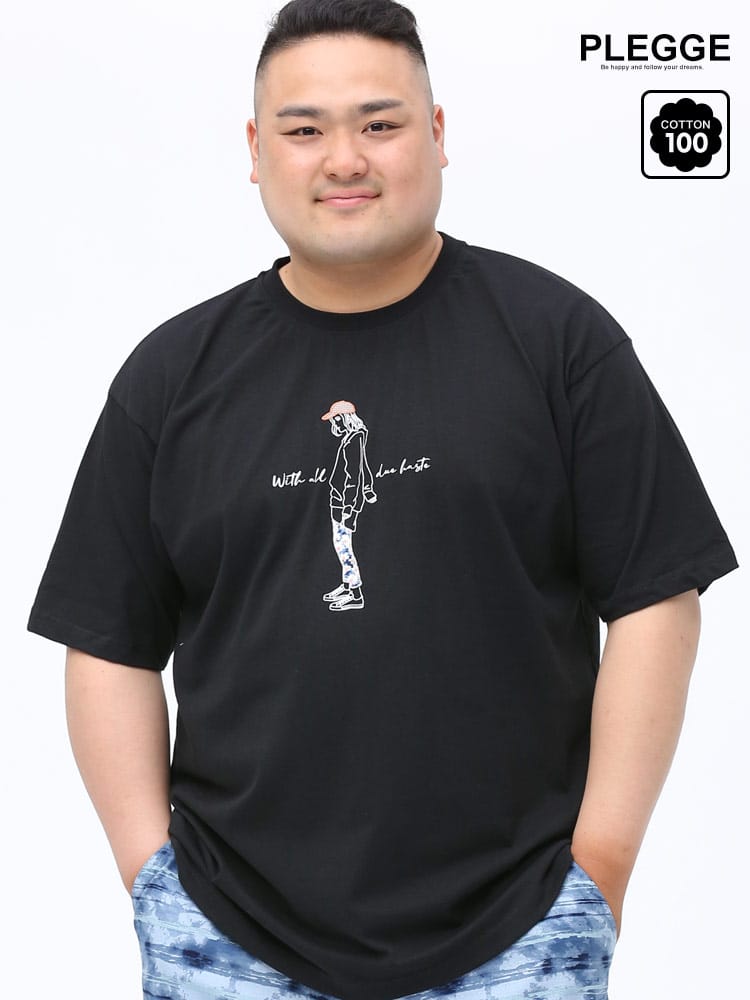 大きいサイズ メンズ PLEGGI (プレッジ) 天竺 プリント×貼り付け レディ クルーネック 半袖 Tシャツ