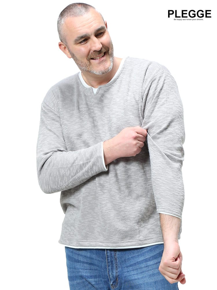 大きいサイズ メンズ PLEGGI (プレッジ) 制菌防臭 スラブニット フェイクレイヤード キーネック 長袖 Tシャツ ロンT
