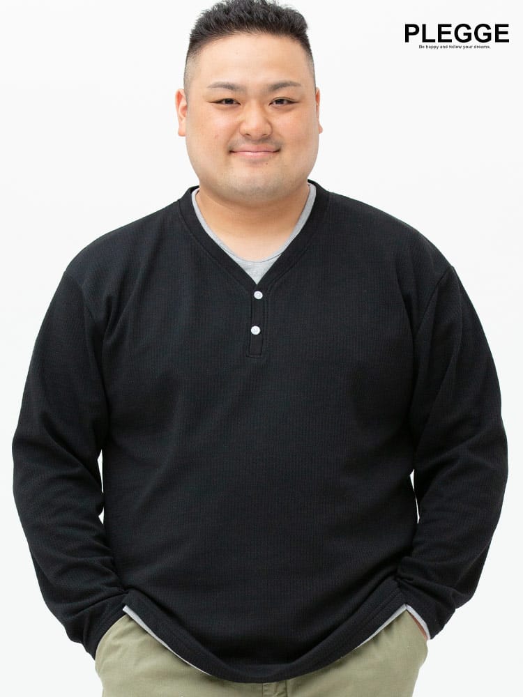 大きいサイズ メンズ PLEGGI (プレッジ) 変形ワッフル フェイクレイヤード ヘンリーネック 長袖 Tシャツ ロンT