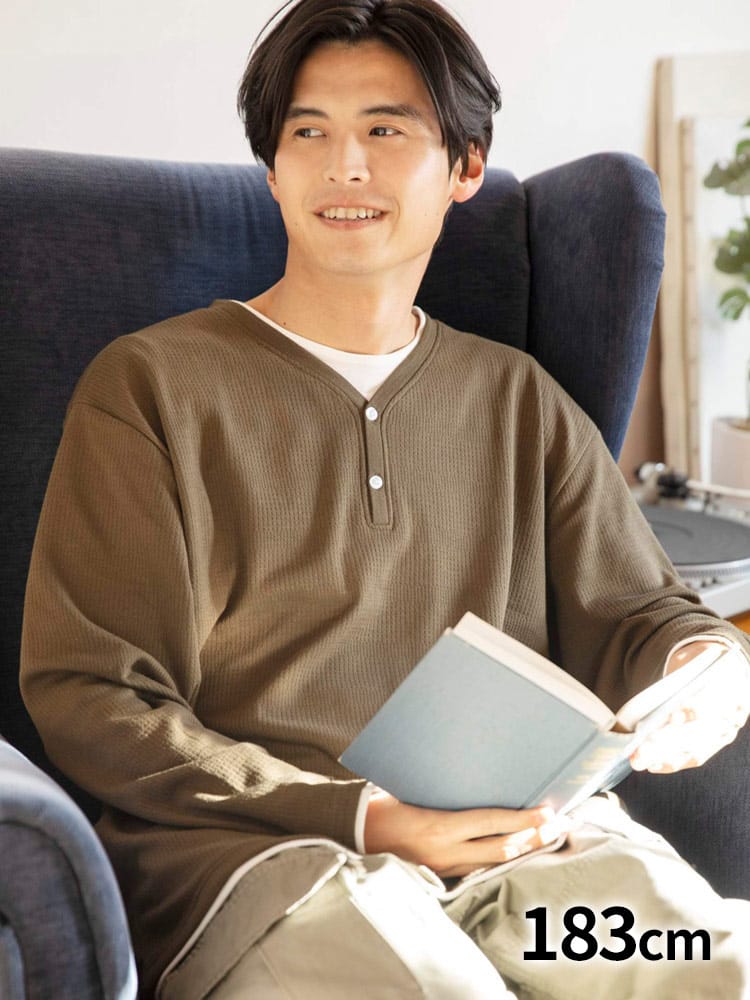 大きいサイズ メンズ PLEGGI (プレッジ) 変形ワッフル フェイクレイヤード ヘンリーネック 長袖 Tシャツ ロンT