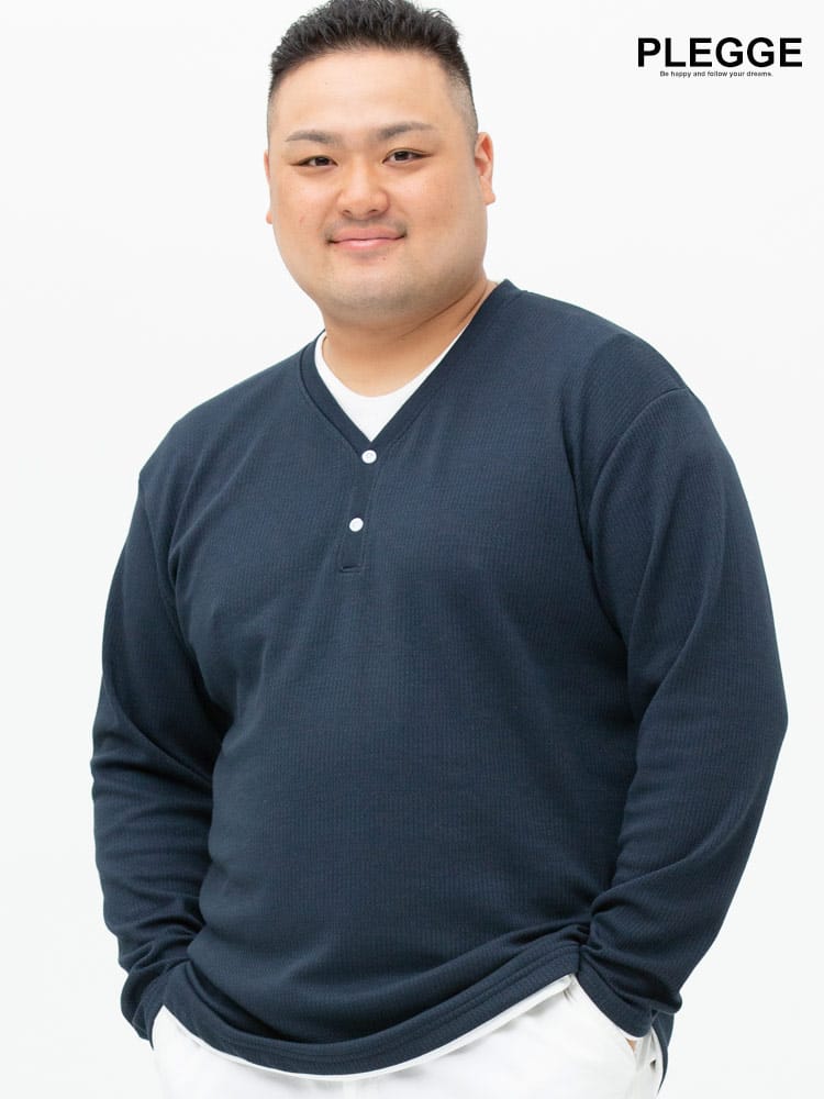 大きいサイズ メンズ PLEGGI (プレッジ) 変形ワッフル フェイクレイヤード ヘンリーネック 長袖 Tシャツ ロンT