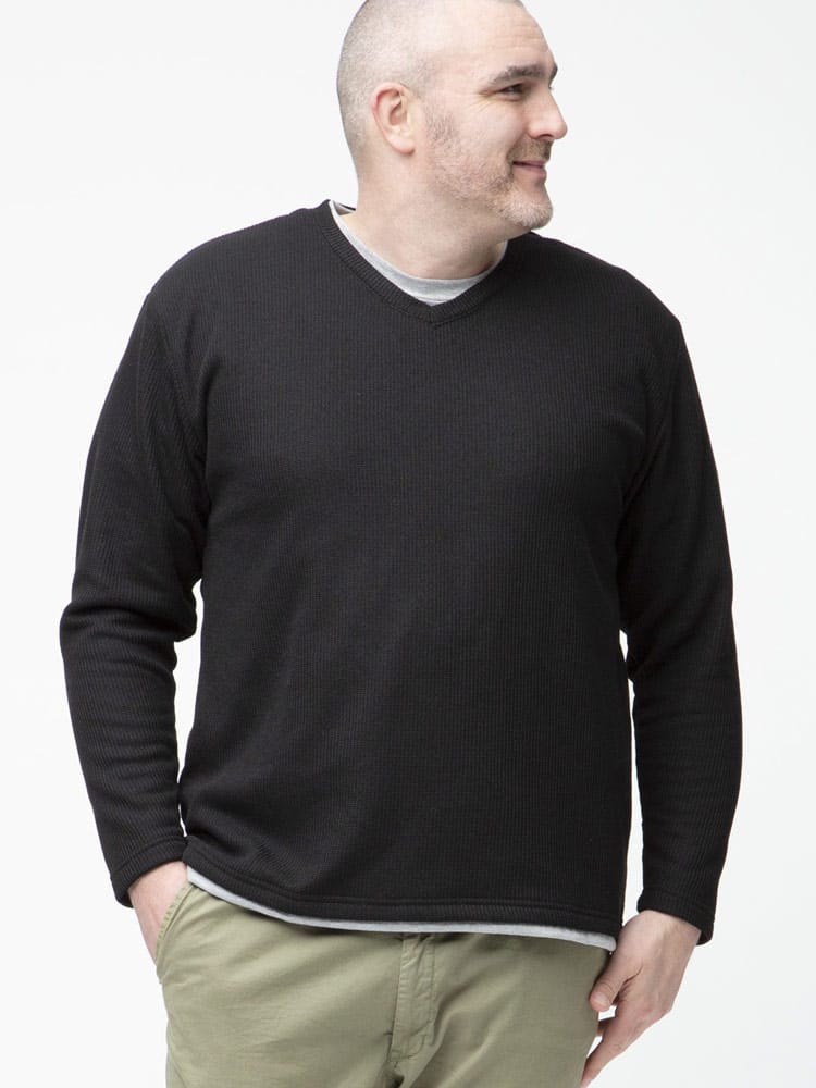 大きいサイズ メンズ PLEGGI (プレッジ) 裏起毛 格子 フェイクレイヤード クルーネック ロンT 長袖 ニットソー