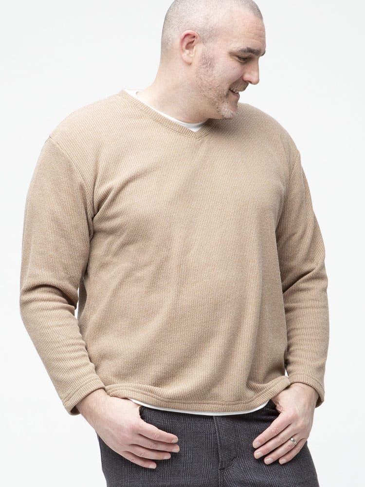 大きいサイズ メンズ PLEGGI (プレッジ) 裏起毛 格子 フェイクレイヤード クルーネック ロンT 長袖 ニットソー