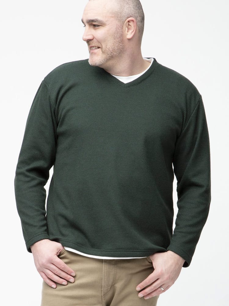 大きいサイズ メンズ PLEGGI (プレッジ) 裏起毛 格子 フェイクレイヤード クルーネック ロンT 長袖 ニットソー