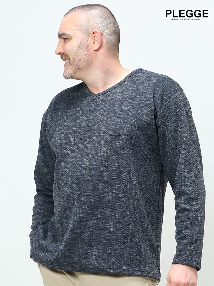 大きいサイズ メンズ PLEGGI (プレッジ) 制菌防臭 フクレジャガード 幾何学柄 Vネック 長袖 Tシャツ ロンT