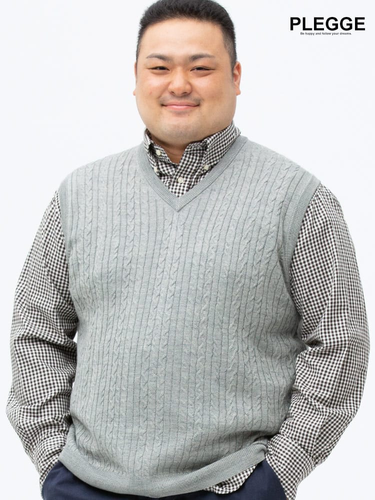 大きいサイズ メンズ B＆T CLUB (ビーアンドティークラブ) ウール混 ウォッシャブル 前身ケーブル Vネック ベスト