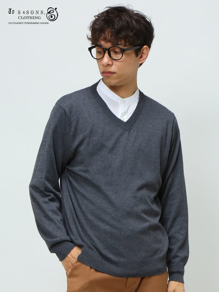 S＆SONS (エスアンドサンズ) 快ラク 快楽 カイラク カシミヤ混 無地 Vネック 長袖 ニット