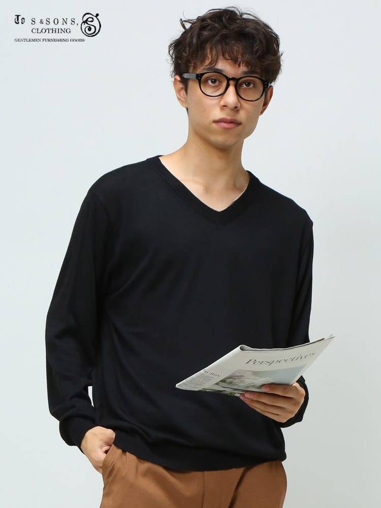 S＆SONS (エスアンドサンズ) 快ラク 快楽 カイラク カシミヤ混 無地 Vネック 長袖 ニット