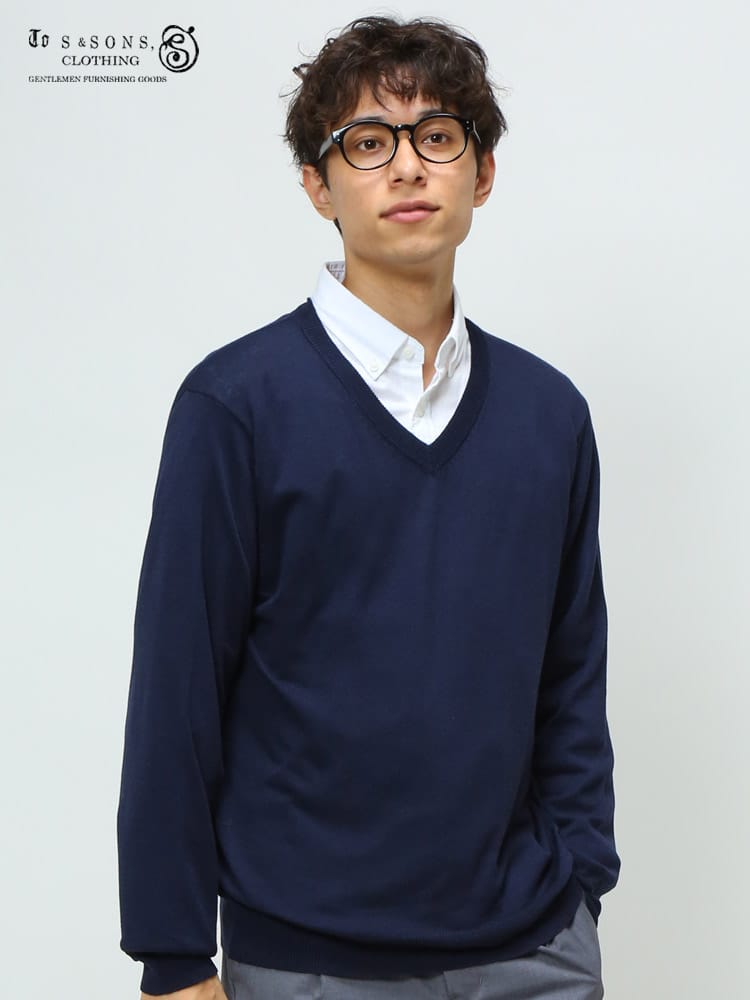 S＆SONS (エスアンドサンズ) 快ラク 快楽 カイラク カシミヤ混 無地 Vネック 長袖 ニット