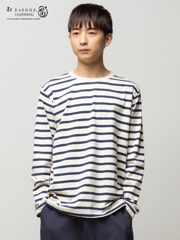S＆SONS (エスアンドサンズ) 天竺 先染めボーダー クルーネック 長袖 Tシャツ
