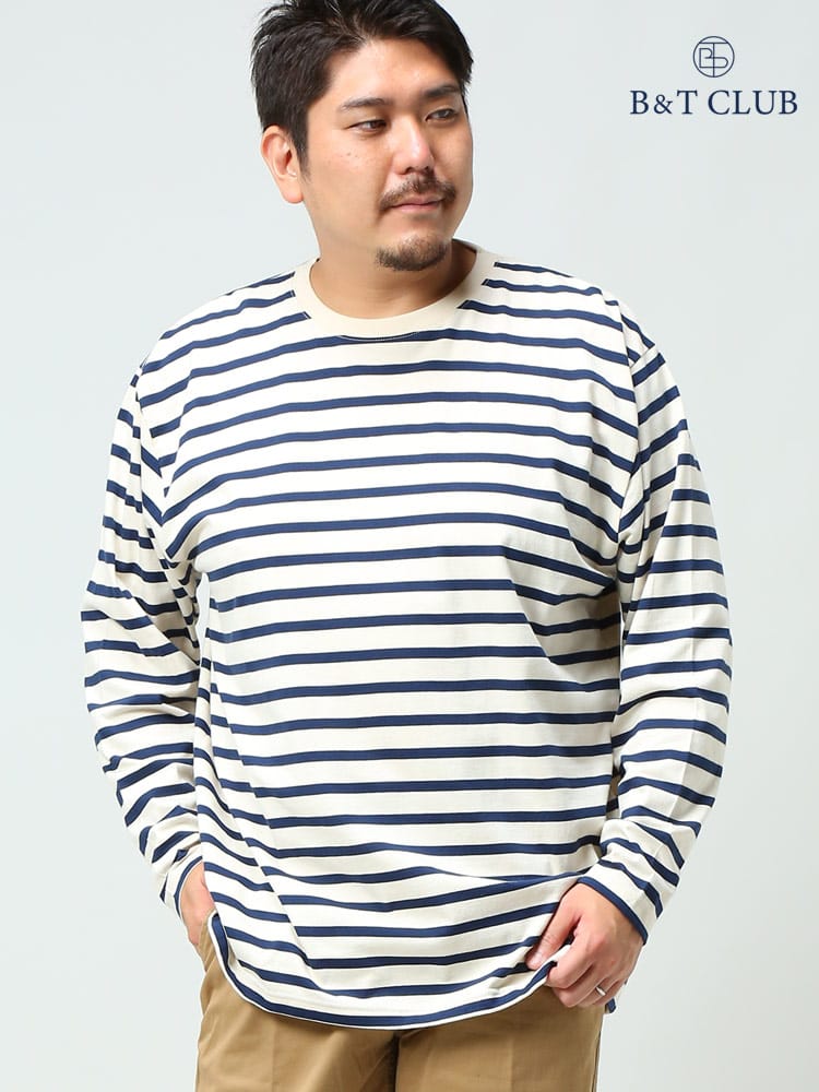 大きいサイズ メンズ B＆T CLUB 天竺 先染めボーダー クルーネック 長袖 シャツ