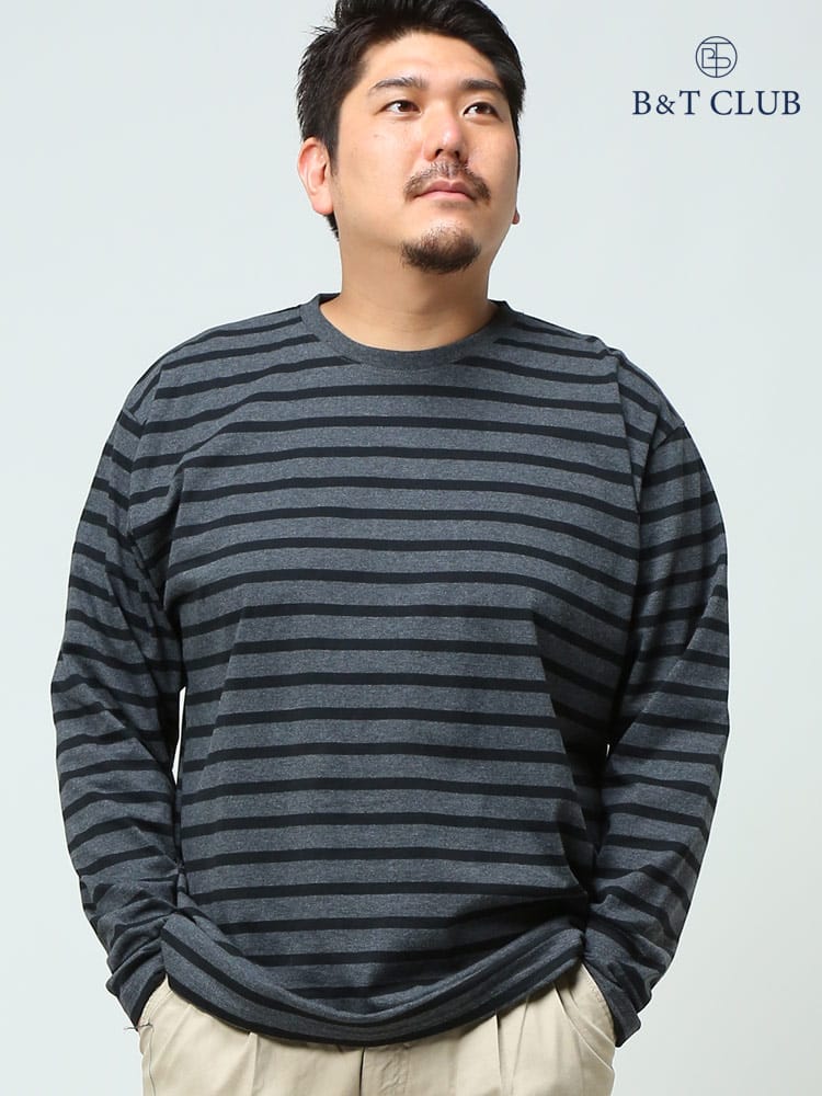 大きいサイズ メンズ B＆T CLUB 天竺 先染めボーダー クルーネック 長袖 シャツ