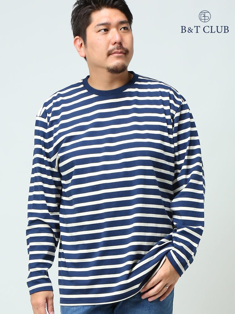 大きいサイズ メンズ B＆T CLUB 天竺 先染めボーダー クルーネック 長袖 シャツ