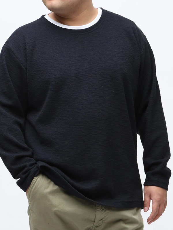 大きいサイズ メンズ PLEGGI (プレッジ) 無地 フェイクレイヤード クルーネック 長袖 Tシャツ ロンT