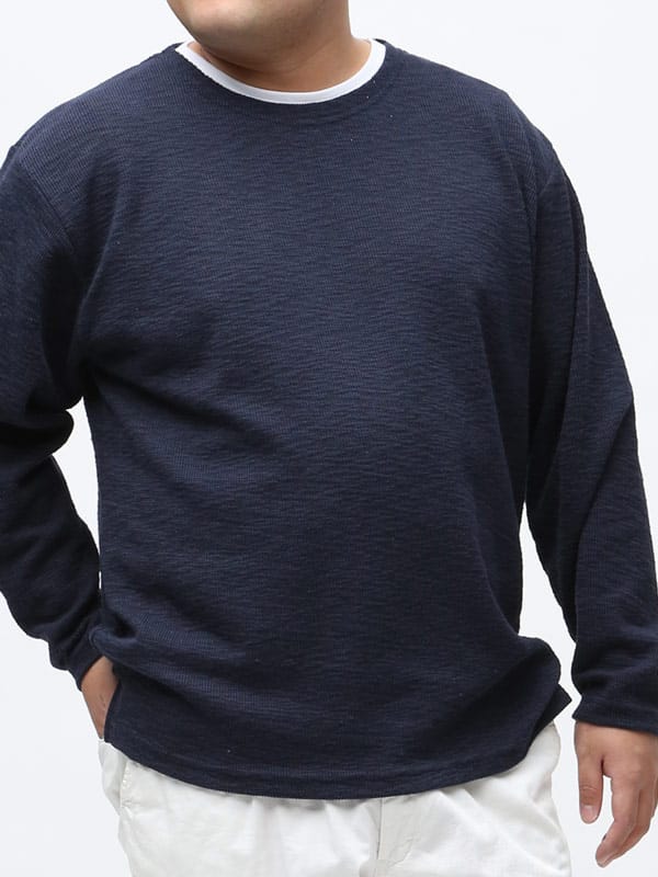 大きいサイズ メンズ PLEGGI (プレッジ) 無地 フェイクレイヤード クルーネック 長袖 Tシャツ ロンT